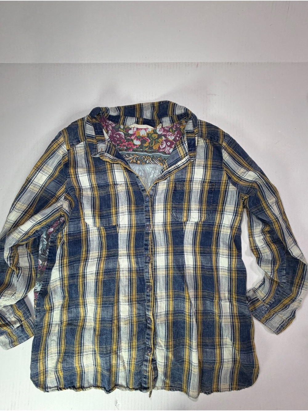Soft Surroundings Navy, Yellow and Cream Plaid and floral patchwork Shirt